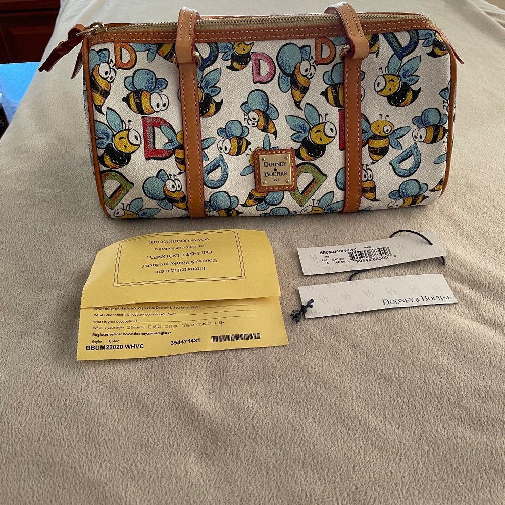 Authentic Dooney Bourke Bee Print Barrell Handbag